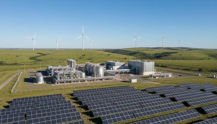 Уругвай и зеленый водород: старт проектов на миллиарды долларов Промышленный комплекс по производству зеленого водорода в Уругвае, окруженный полями солнечных панелей и ветряными турбинами на холмах.