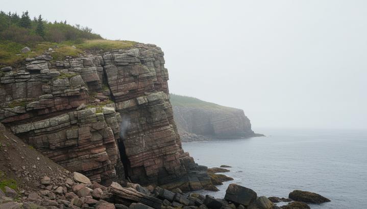QIMC завершила оценку для проекта по природному водороду в Канаде Скалистое побережье Новой Шотландии в Канаде с обрывистыми утесами, демонстрирующими геологические пласты и разломы пород.