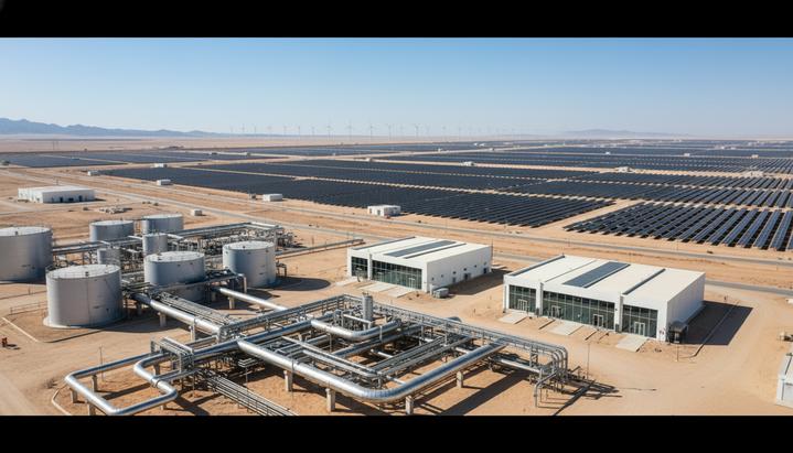 NEOM и Университет Фахда бин Султана готовят кадры для водородной эры Завод по производству зеленого водорода в пустыне. Видны солнечные панели, ветряные турбины и промышленные сооружения.