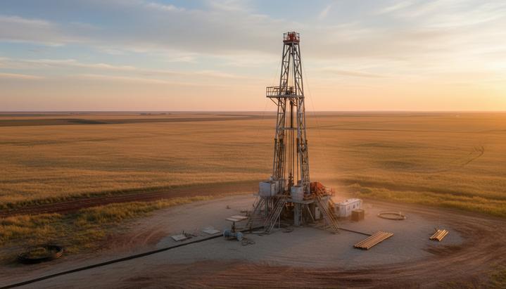 Буровая установка для глубокого бурения на фоне бескрайних полей канадских прерий провинции Саскачеван на рассвете.