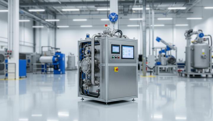 Современная турбина ОРЦ мощностью 500 кВт в сборочном цеху завода. Компактный блок с металлическим корпусом и трубами.