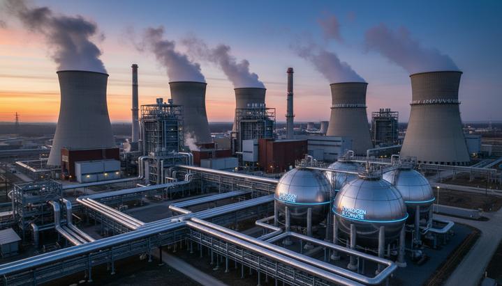 Тепловая электростанция в сумерках с современными трубопроводами и сферическими резервуарами для хранения водорода.