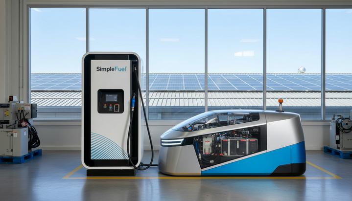 Toyota: солнечный водород для заводских погрузчиков на заводе Мотомати Компактная водородная заправочная станция SimpleFuel и вилочный погрузчик на топливных элементах в цеху завода Toyota.