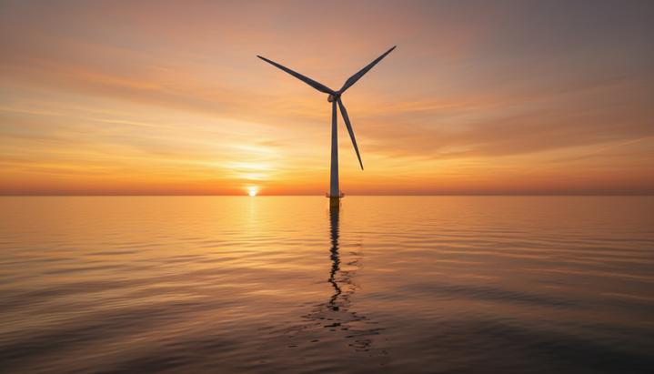 POSCO Group: водородный курс и стратегия декарбонизации Одинокая плавучая ветряная турбина в спокойном море на фоне рассветного неба.