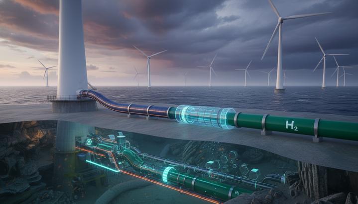 Офшорные ветряные турбины в Северном море. Под водой от основания турбины проложены силовой кабель и водородный трубопровод.