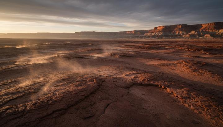 Скалистый ландшафт с богатыми железом породами, из глубоких трещин в земле просачивается природный газ.