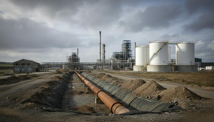 Промышленный пейзаж порта Милфорд-Хейвен с СПГ-терминалом и участком строящегося подземного трубопровода на переднем плане.