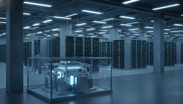 Doosan: энергоответ на бум ИИ от водорода до малых реакторов Современный дата-центр с рядами серверных стоек, получающий энергию от компактного модульного ядерного реактора на переднем плане.