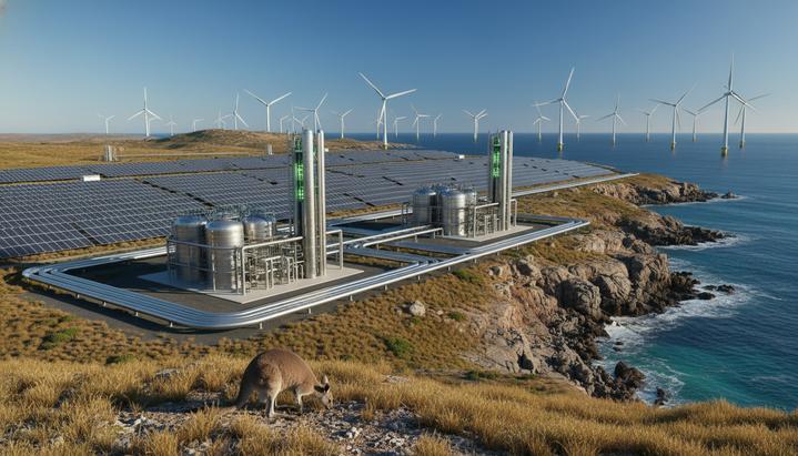 Германия и Австралия: водородный аукцион на 400 млн евро Современный завод по производству зеленого водорода на побережье Австралии, окруженный солнечными панелями и ветряными турбинами. Рядом с футуристическим комплексом пасется кенгуру.