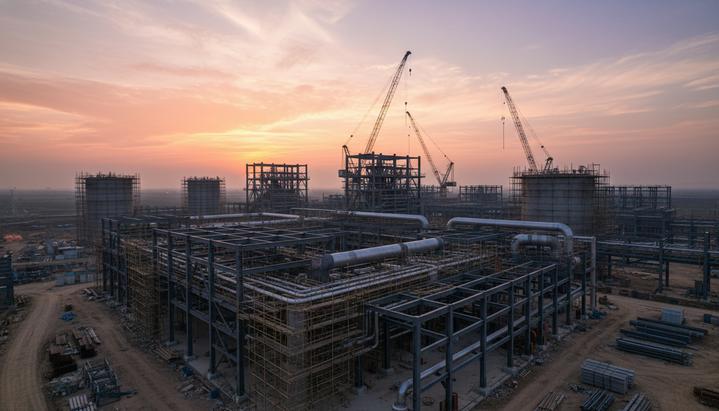 В США началось строительство завода низкоуглеродного аммиака Samsung E&A Промышленный комплекс по производству низкоуглеродного аммиака на стадии строительства. Стальные конструкции, трубопроводы и строительные краны на рассвете.