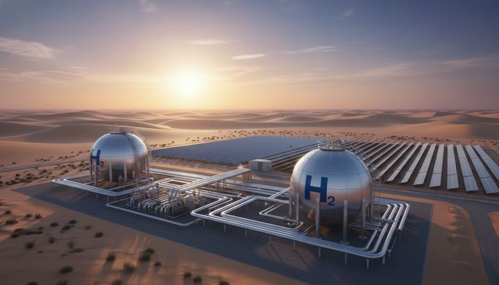 Завод по производству водорода в пустыне с трубопроводами, сферическими резервуарами и солнечными панелями.