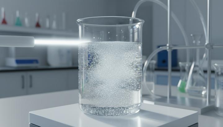 Шведский прорыв: солнечный водород без дорогостоящей платины Лабораторный стакан с водой, подсвеченный ярким лучом света, в котором от наночастиц поднимаются пузырьки водорода.