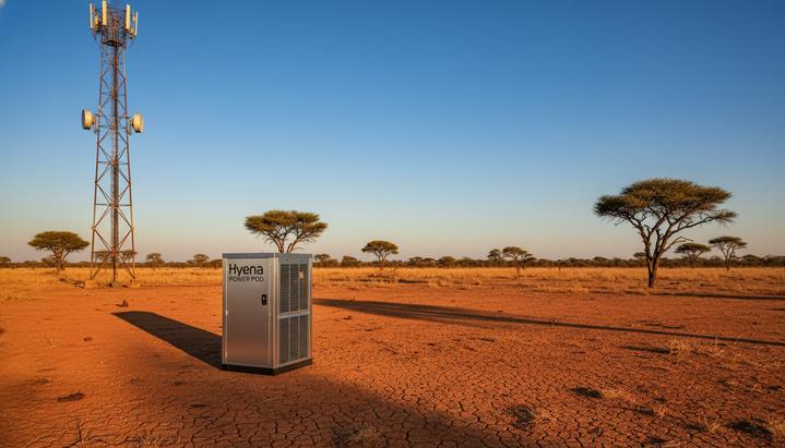 POWER POD: африканский ответ дизельным генераторам на водороде Портативный генератор Hyena POWER POD, установленный на земле рядом с вышкой сотовой связи в африканской саванне.