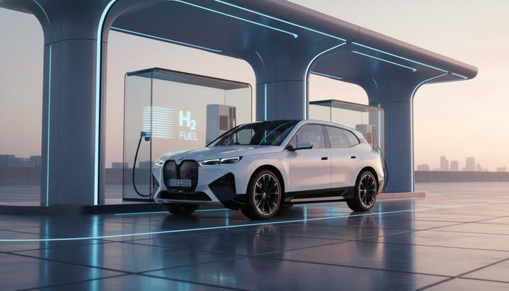 Белый внедорожник BMW iX5 Hydrogen на футуристичной водородной заправочной станции на рассвете.
