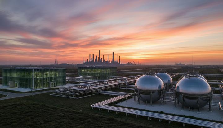 Проект Fawley Green Hydrogen: декарбонизация НПЗ и £10 млн для региона Современный завод по производству зеленого водорода с резервуарами для хранения и трубопроводами на фоне нефтеперерабатывающего завода на рассвете.