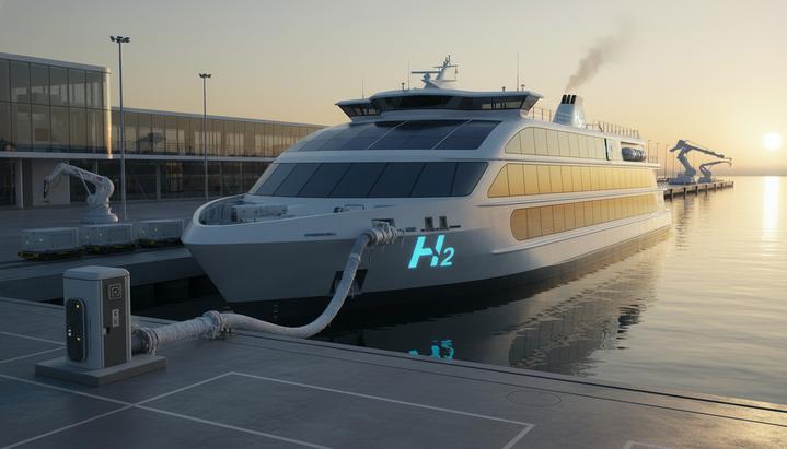 Водород во флоте: потенциал, риски и будущее декарбонизации Современное судно на водородном топливе у причала в порту во время заправки жидким водородом из криогенного шланга.