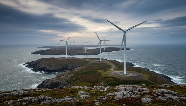 Масштабная ветряная электростанция с высокими турбинами на скалистом, суровом побережье Ньюфаундленда у Атлантического океана.