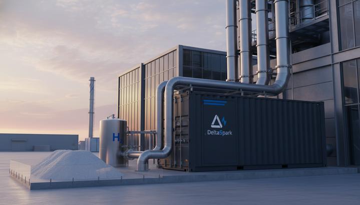 Швейцарский прорыв: CO2 превращают в водород и минералы Модульная установка по улавливанию CO2 в виде контейнера, подключенная к промышленному заводу. Рядом находится резервуар с водородом и складированные минералы.