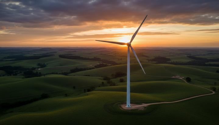 Огромная ветряная турбина современного дизайна на фоне холмистого бразильского пейзажа во время восхода солнца.