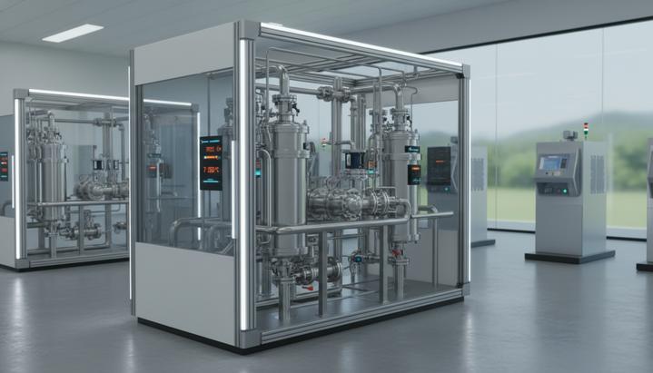 Shell и Supercritical: партнерство для удешевления водорода Современная установка для производства водорода – электролизер со сложной системой стальных труб, датчиков и емкостей высокого давления в чистом промышленном цеху.