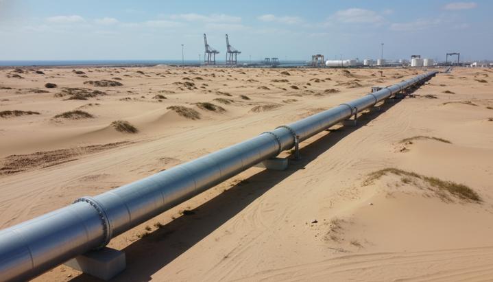 Новый металлический трубопровод для водорода, проложенный через пустынную местность на фоне промышленного порта и побережья Омана.