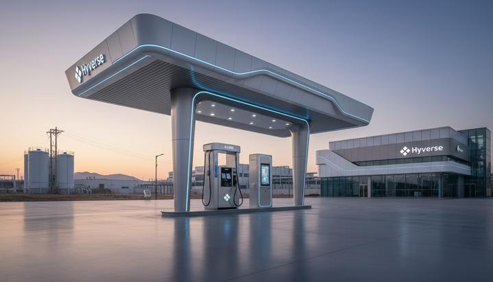 Современная заправочная станция для сжиженного водорода в Южной Корее. Футуристичная колонка для заправки на фоне чистого промышленного пейзажа.