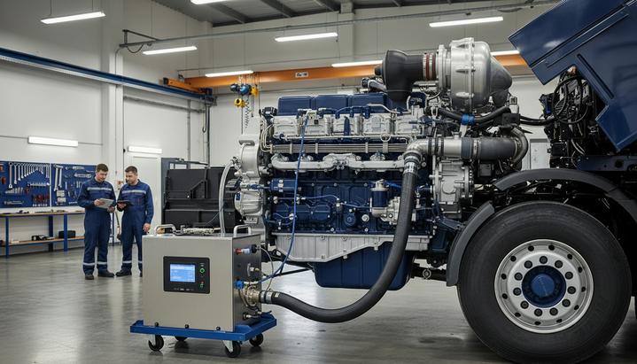 Водородная очистка двигателей: британский опыт снижения выбросов Блок водородной очистки двигателя, соединенный с мотором локомотива или грузового автомобиля в промышленном депо.