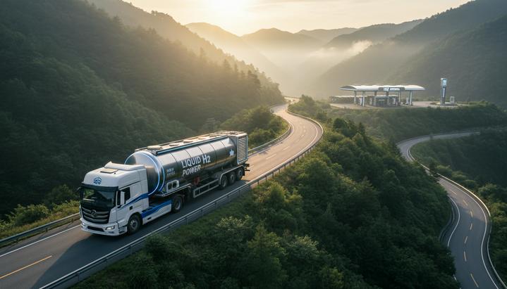Тяжелый грузовик на жидком водороде едет по горной дороге в Китае, на фоне видна водородная заправочная станция.