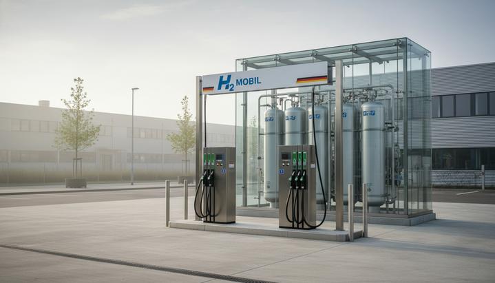 Современная водородная заправочная станция для автобусов с колонками высокого давления на фоне чистого индустриального пейзажа.