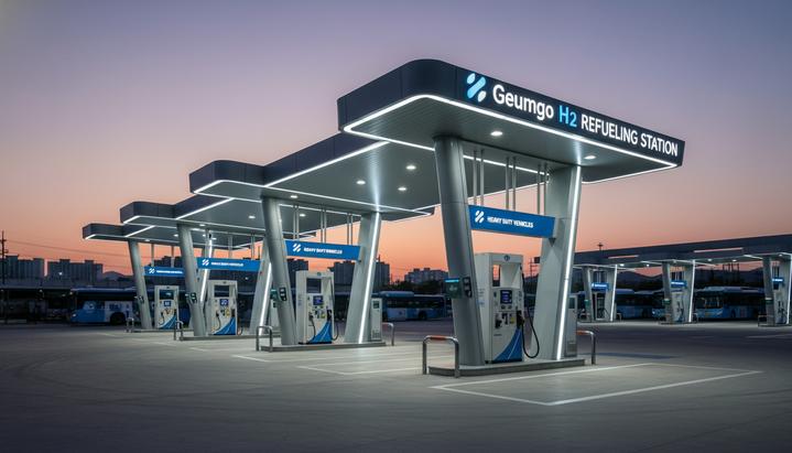 Современная водородная заправочная станция Geumgo с колонками для автобусов и легковых автомобилей в вечернем освещении.