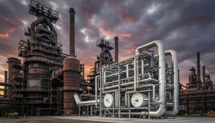 Современная водородная установка, интегрированная в инфраструктуру крупного металлургического комбината.