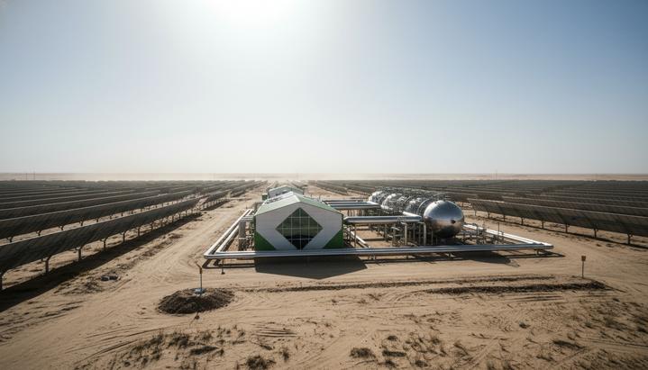 Завод по производству зеленого водорода с блестящими трубами и резервуарами в африканской пустыне на фоне солнечных панелей.