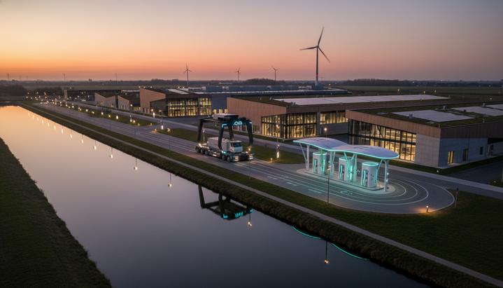 Европейский хаб ускорит переход тяжелой техники на водород Водородный контейнерный погрузчик на тестовом треке инновационного кампуса рядом с заправочной станцией.