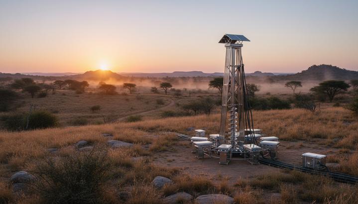 Буровая установка для разведки природного водорода в засушливом ландшафте региона Бушвелд в ЮАР на рассвете.