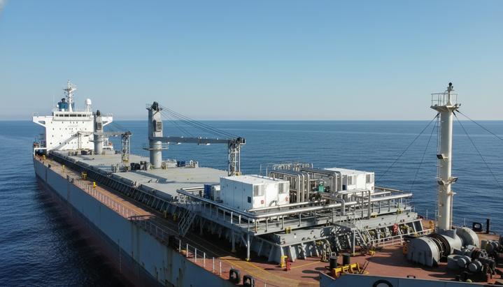 Большой грузовой корабль-балкер в открытом море, на палубе которого установлена современная энергетическая система с трубами и модулями.