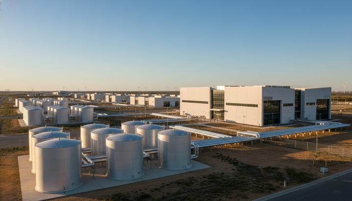 Современный дата-центр с блестящими резервуарами для хранения водорода и соединительными трубопроводами на переднем плане.