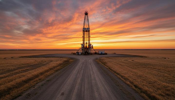 Буровая установка для добычи природного водорода в бескрайних прериях Саскачевана, Канада, на рассвете.