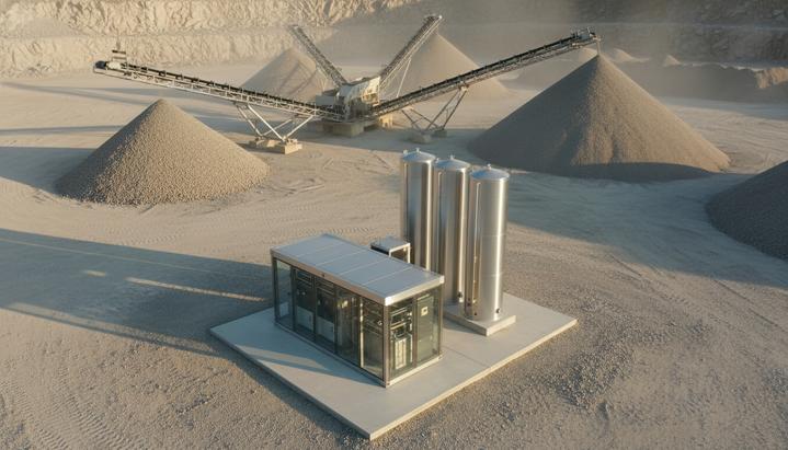 Водородный генератор и баллоны с топливом на территории карьера по добыче нерудных материалов на фоне конвейеров.