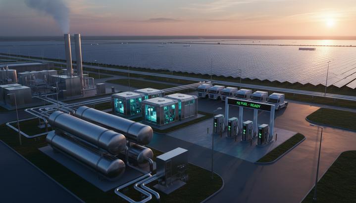 Современный завод по производству водорода с резервуарами для хранения и заправочной станцией на фоне солнечных панелей.