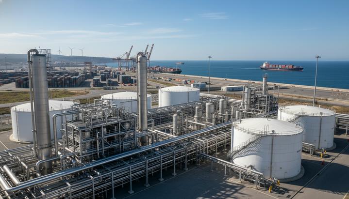 Современный завод по производству зеленого метанола с резервуарами и трубопроводами на берегу рядом с морским портом.
