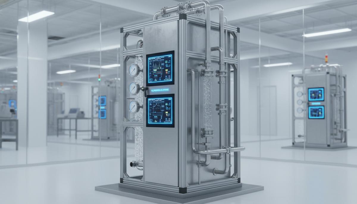 Компактный промышленный шкаф для производства и хранения водорода с трубами, манометрами и цифровыми дисплеями в заводском цеху.