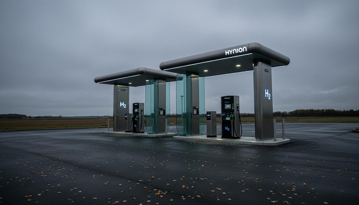 Современная водородная заправочная станция Hynion без автомобилей и людей под пасмурным небом в сумерках.
