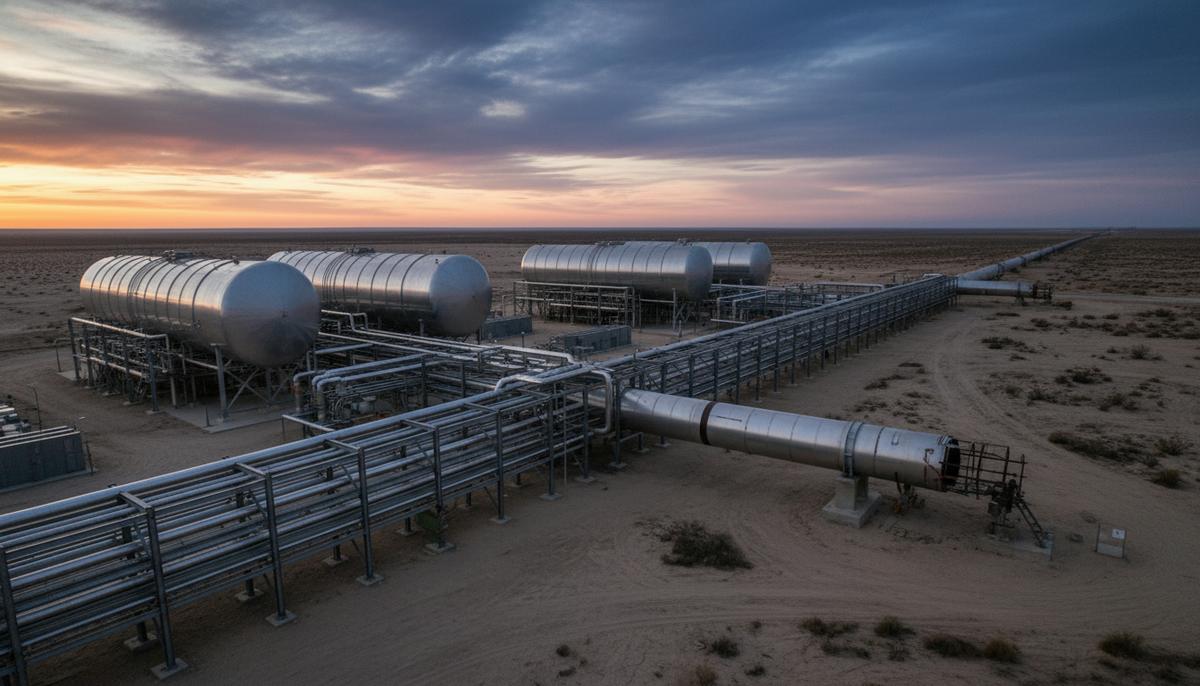 Современный водородный завод с блестящими резервуарами и недостроенным трубопроводом, уходящим в пустынный пейзаж на рассвете.