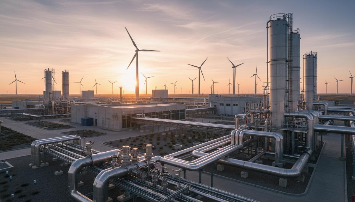 Современный завод по производству водорода с рядами электролизеров и сетью трубопроводов на фоне ветряных турбин на рассвете.