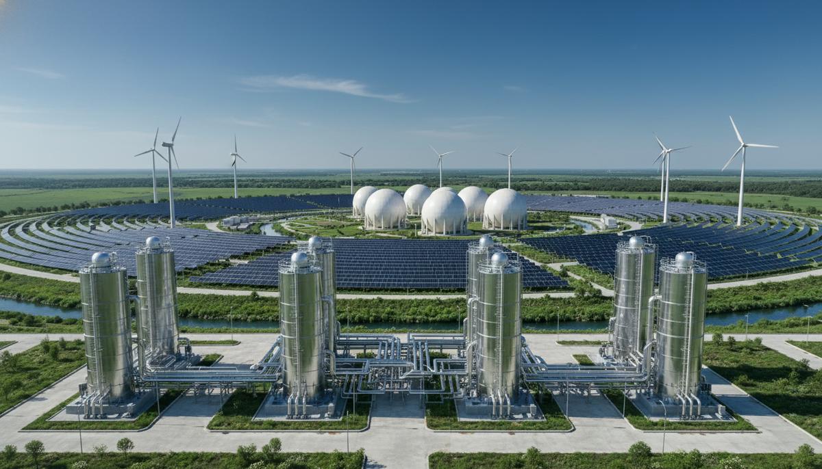 Водородный механизм ЕС: новый этап для европейских покупателей Современный завод по производству зеленого водорода с электролизерами и сферическими резервуарами на фоне ветряных турбин.