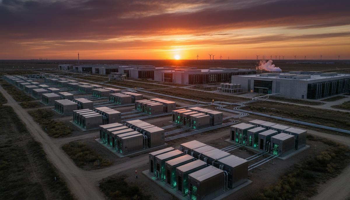 Дата-центры США выбирают независимость: курс на собственную генерацию Современный кампус дата-центра с автономной электростанцией на топливных элементах на фоне заката.