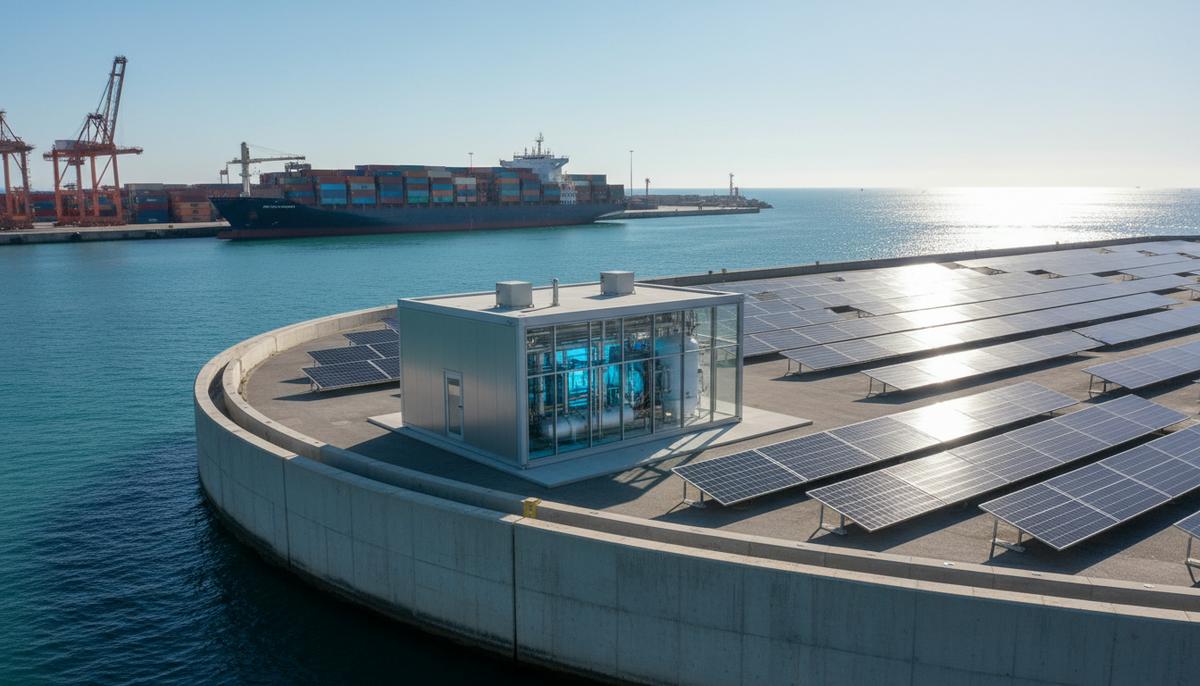 Современный водородный завод и солнечные панели в морском порту Аликанте, на фоне пришвартованного грузового судна.