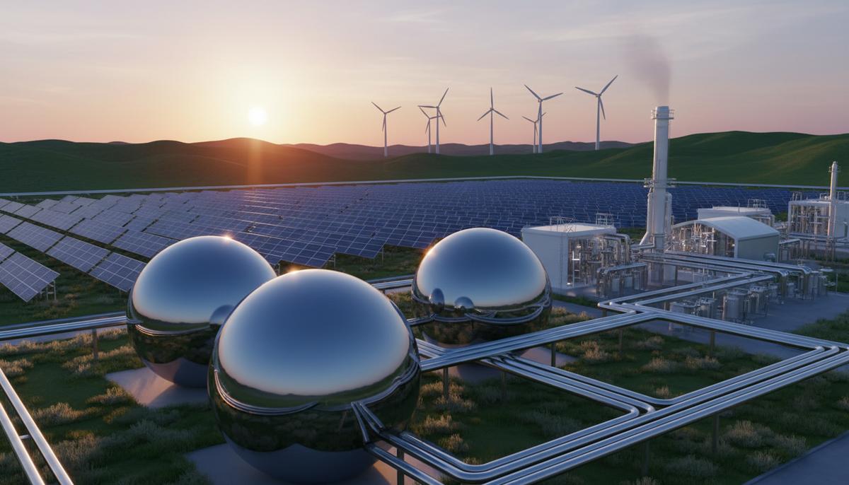 Современный завод по производству водорода, солнечные панели, ветряные турбины и сферические резервуары для хранения газа.