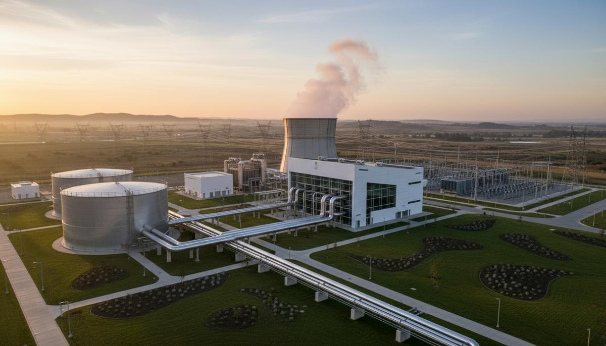 Современная газовая электростанция, готовая к работе на водороде, с комплексом трубопроводов и промышленных зданий на рассвете.