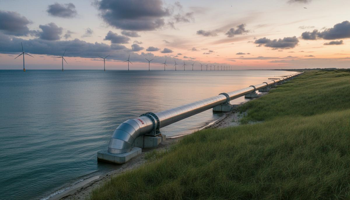 Современный стальной трубопровод выходит из Балтийского моря на зеленый берег на фоне морских ветряных турбин.